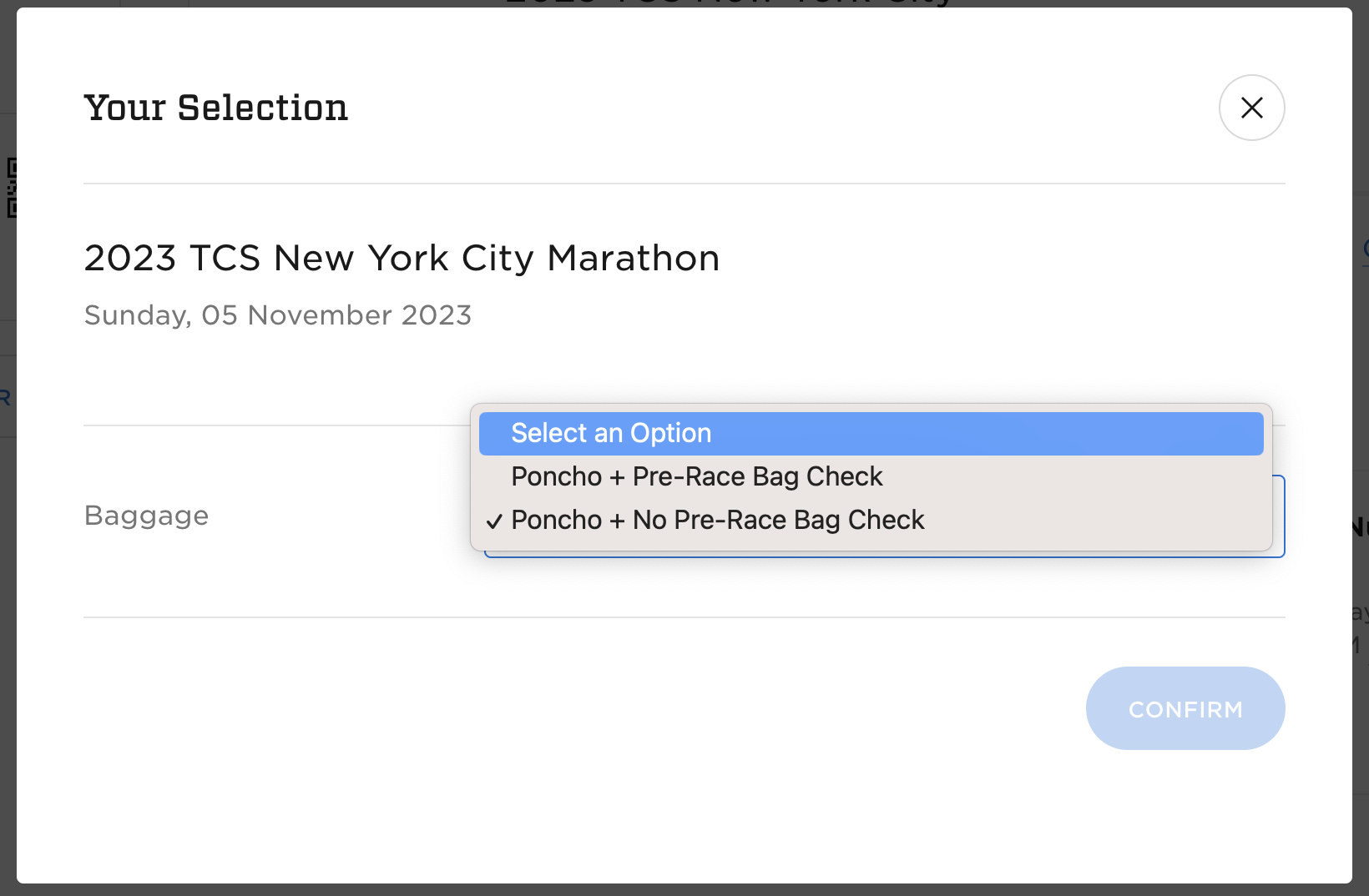 Captura de pantalla de selección de la TCSNYC Marathon 2023
